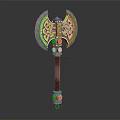 Ornate Decorative Axe With Intricate Gold Blue Patterns And Brown Handle