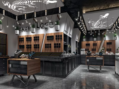 Modern Retail Store Interior With Wooden Shelves Hanging Lights And Product Displays 3d model