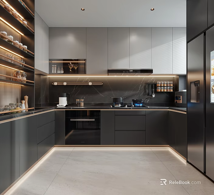 Modern Kitchen Interior With Gray Cabinets Black Countertop And Stainless Steel Appliances 3d model 