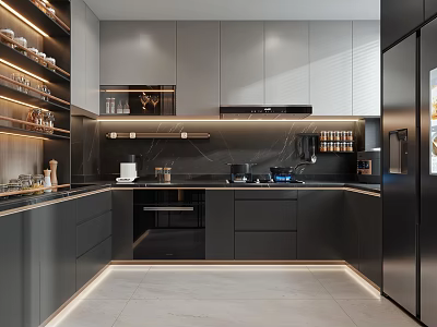 Modern Kitchen Interior With Gray Cabinets Black Countertop And Stainless Steel Appliances 3d model
