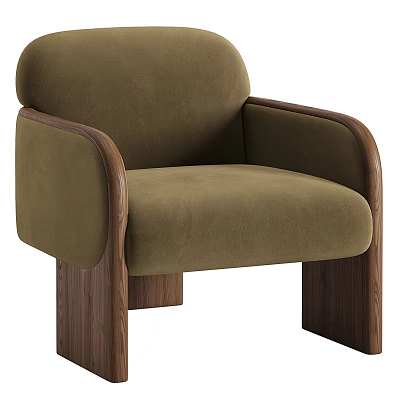 Olive Green Velvet Accent Chair With Curved Back And Wooden Legs 3d model