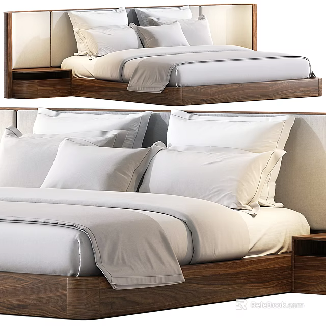 Modern Double Bed Design With Wooden Frame White Linens Pillows And Nightstand 3d model 