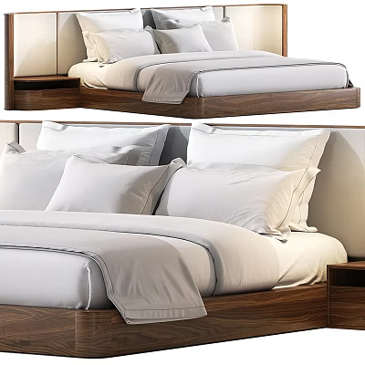 Modern Double Bed Design With Wooden Frame White Linens Pillows And Nightstand 3d model