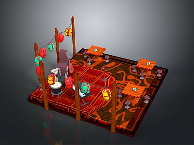 Chinese Style Courtyard Scenery With Red Lanterns Wooden Tables And Decorative Carpet 3d model