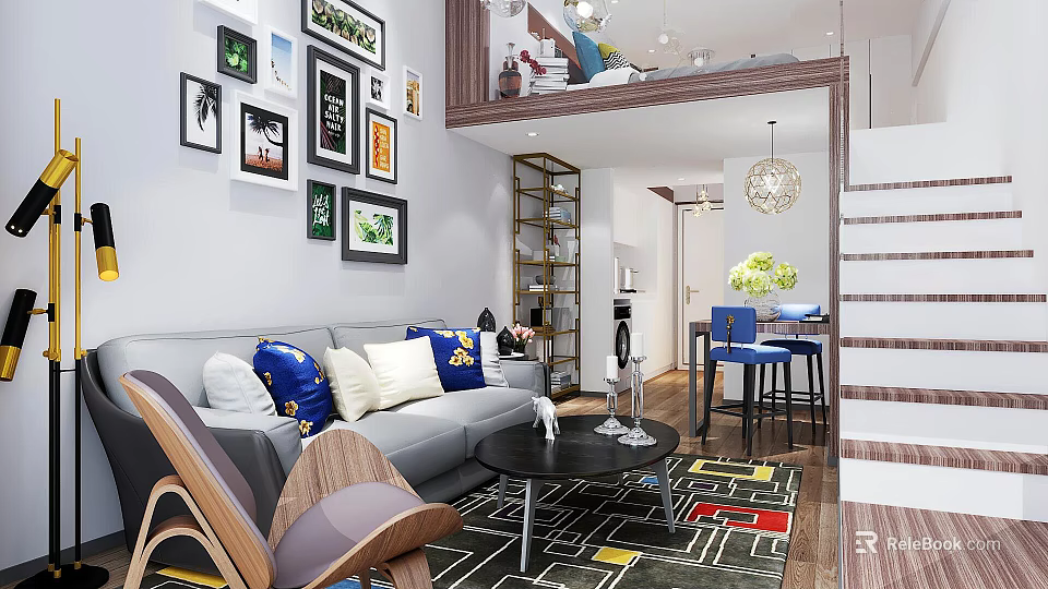 Modern Apartment Interior With Sofa Pillows Wall Art Colorful Rug Wooden Bookshelf And Staircase 3d model 