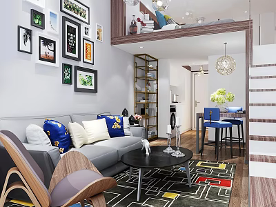 Modern Apartment Interior With Sofa Pillows Wall Art Colorful Rug Wooden Bookshelf And Staircase 3d model