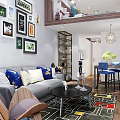 Modern Apartment Interior With Sofa Pillows Wall Art Colorful Rug Wooden Bookshelf And Staircase
