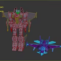 Giant Silver Mech Robot Standing Next To Purple Blue Toy Plane Model