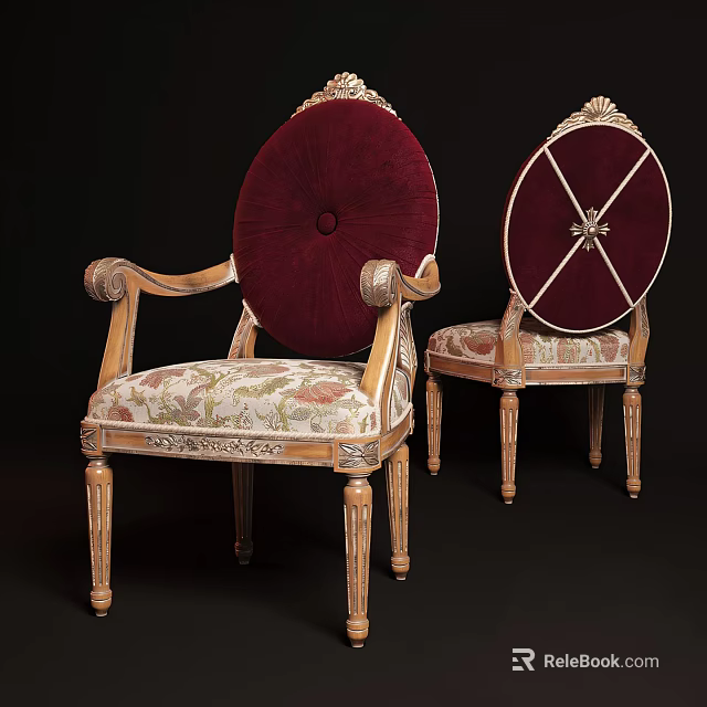 Elegant Classic Armchair With Red Velvet Round Back Carved Golden Wooden Armrests And Floral Seat 3d model 