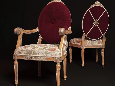 Elegant Classic Armchair With Red Velvet Round Back Carved Golden Wooden Armrests And Floral Seat 3d model