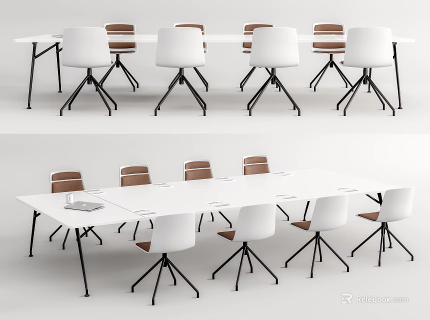 Long White Conference Table With White And Brown Chairs In Modern Office Setup 3d model 