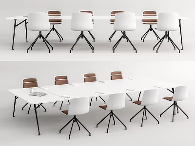 Long White Conference Table With White And Brown Chairs In Modern Office Setup 3d model