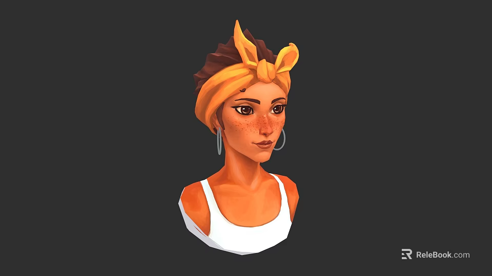 3D Model Woman With Orange Hair Yellow Turban Large Hoop Earrings White Tank Top 3d model 