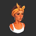 3D Model Woman With Orange Hair Yellow Turban Large Hoop Earrings White Tank Top