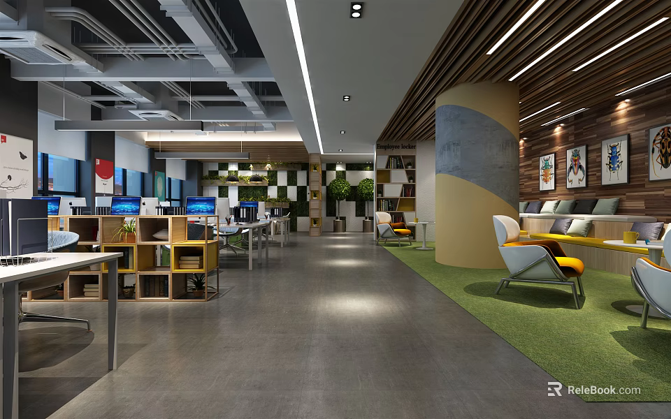 Modern Public Office Space With Open Layout Desks Computers Green Plants And Decorative Art 3d model 