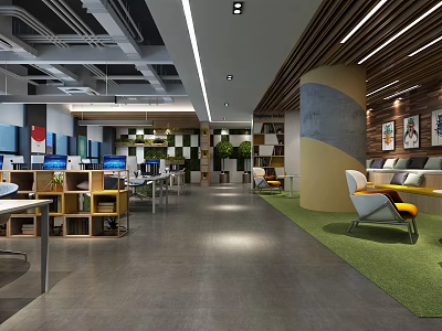 Modern Public Office Space With Open Layout Desks Computers Green Plants And Decorative Art 3d model