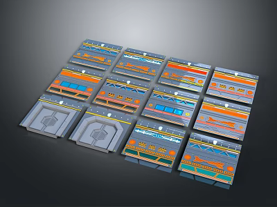 Futuristic Sci Fi Tech Panels Arranged In Grid With Neon Accents And Geometric Designs 3d model