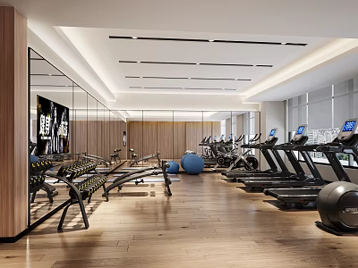 Modern Fitness Gym Interior With Treadmills Dumbbells Exercise Balls Wooden Floors And Mirrored Walls 3d model