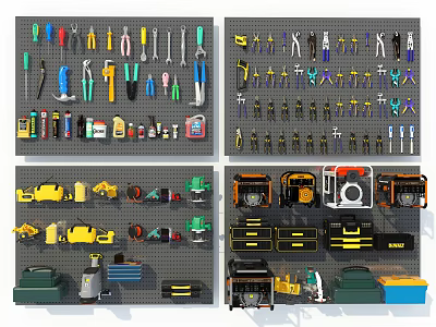 Wall Mounted Hardware Tools Display With Wrenches Pliers Screwdrivers And Toolboxes 3d model