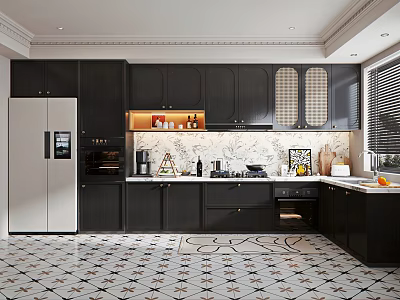 Stylish Modern Kitchen With Dark Cabinets Marble Backsplash And Countertop 3d model
