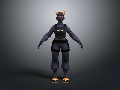 Cat Shaped Tactical Character With GIGN Logo Black Gear And Orange Ears Paws 3d model
