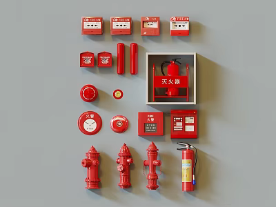 Essential Red Fire Safety Equipment Including Extinguishers Hydrants Alarm Buttons And Cabinets 3d model