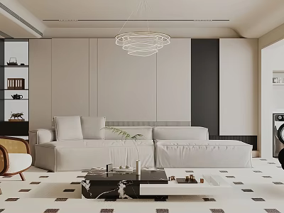 Modern Living Room Interior Design With White Sofa Circular Chandelier And Modern Coffee Table 3d model