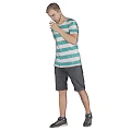 Man in Green White Striped T-Shirt and Black Shorts Touching Face Standing on Gray Background