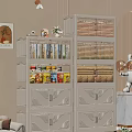 White Storage Cabinets In Interior With Books Food Packages Bamboo Boxes And Drawers