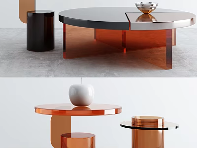 Modern Round Coffee Table Design With Black And Orange Transparent Surface And Unique Tiered Base 3d model