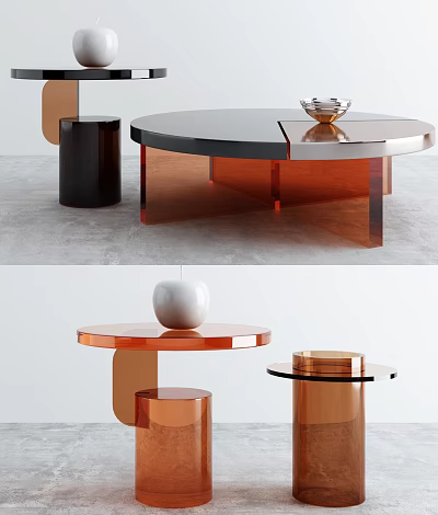 Modern Round Coffee Table Design With Black And Orange Transparent Surface And Unique Tiered Base 3d model