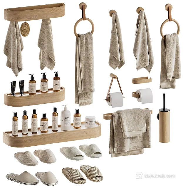 Washing Daily Products With Soft Towels Bath Bottles Wooden Trays And Slippers 3d model 