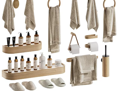 Washing Daily Products With Soft Towels Bath Bottles Wooden Trays And Slippers 3d model