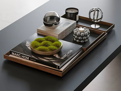 Decorative Ornament Set With Wooden Tray Books Moss Bowl Metal Ornaments Candle And Beaded Decor 3d model