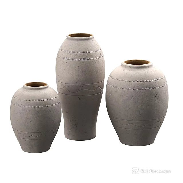 Three Gray Ceramic Vases with Floral Patterns and Textured Designs in Various Sizes 3d model 
