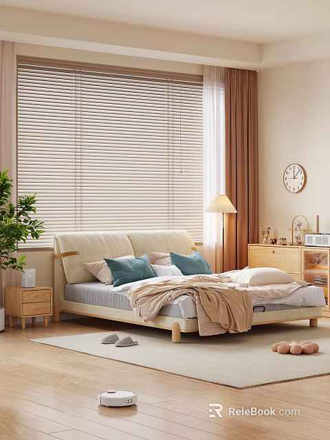Light Nordic Style Soft Upholstered Double Bed With Solid Wood Frame For Cozy Bright Bedroom 3d model 