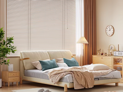 Light Nordic Style Soft Upholstered Double Bed With Solid Wood Frame For Cozy Bright Bedroom 3d model