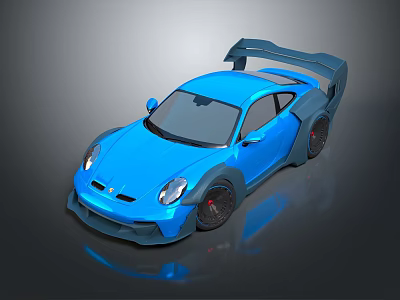 Shiny Blue Sports Car With Large Rear Spoiler And Wide Body Kit 3d model