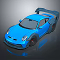 Shiny Blue Sports Car With Large Rear Spoiler And Wide Body Kit