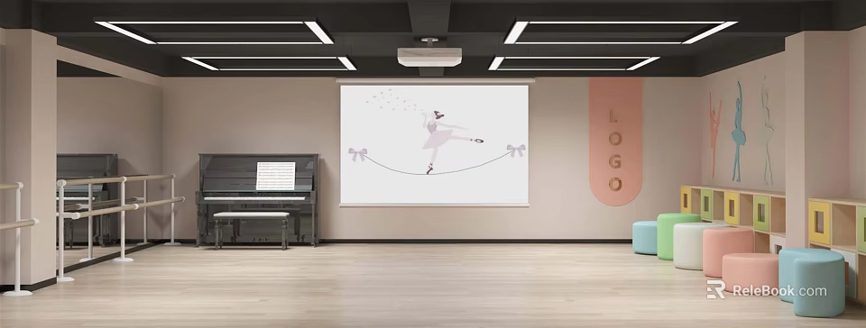 Ballet Fitness Training Studio With Projection Screen Wooden Floor And Piano 3d model 