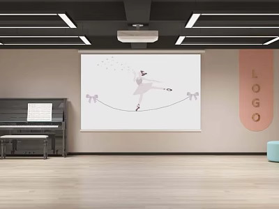 Ballet Fitness Training Studio With Projection Screen Wooden Floor And Piano 3d model