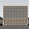 Modern Multistory Building With Central Tower Side Wings Glass Windows Front Plaza Lawn And Parking