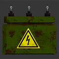 Green Rusted High Voltage Warning Box With Yellow Lightning Sign And Red Metal Components