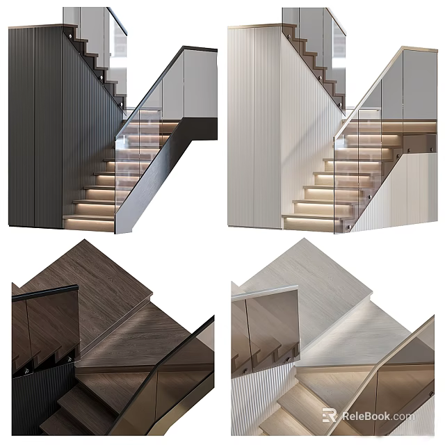 Modern Interior Staircase With Glass Railing Wooden Steps And Colored Side Walls 3d model 