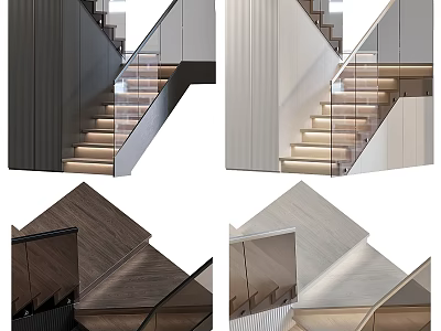 Modern Interior Staircase With Glass Railing Wooden Steps And Colored Side Walls 3d model