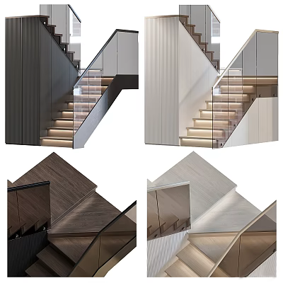 Modern Interior Staircase With Glass Railing Wooden Steps And Colored Side Walls 3d model
