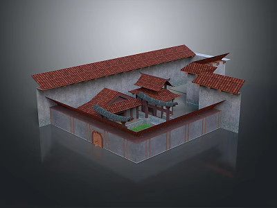 Traditional Chinese Architecture Model With Red Tile Roof Grey Walls Courtyard And Wooden Eaves Columns 3d model