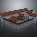 Traditional Chinese Architecture Model With Red Tile Roof Grey Walls Courtyard And Wooden Eaves Columns