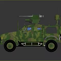 Camouflaged Military Vehicle With Roof Mounted Weapon Armored Body And Antennas