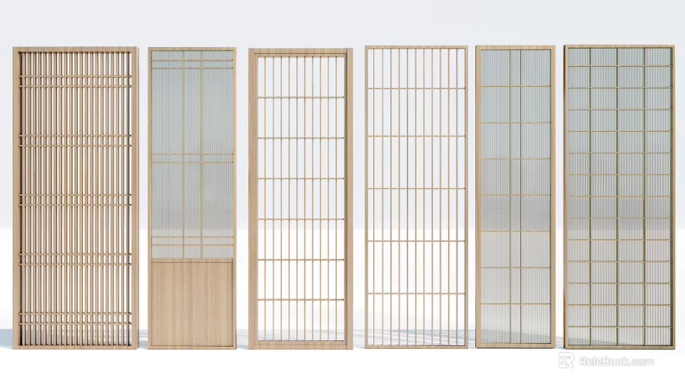 Modern Sliding Doors With Grid Patterns And Wooden Frames In Various Designs 3d model